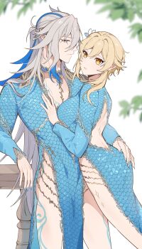 1boy 1girl absurdres blonde_hair blue_dress blue_hair breasts closed_mouth crossdressing crossdressing_(mtf) dress flower genshin_impact hair_between_eyes hair_flower hair_ornament highres long_hair long_sleeves lumine_(genshin_impact) multicolored_hair neuvillette_(genshin_impact) pointy_ears purple_eyes quinny_il streaked_hair white_hair yellow_eyes