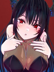 Rule 34 | 1girl, black hair, blue hair, blush, breasts, cleavage, colored inner hair, demon horns, hands on own chest, highres, hololive, hololive english, horns, large breasts, long hair, looking at viewer, mole, mole under eye, multicolored hair, nail polish, nerissa ravencroft, open mouth, qwq oekaki, red background, red eyes, red nails, solo, virtual youtuber