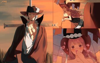 1boy 1girl black_dress black_hat braid breasts cleavage collared_cape commentary_request covering_own_mouth cross cross_necklace dracule_mihawk dress hat heart high_collar highres holding holding_umbrella huge_weapon jewelry kotomine_(a1569) looking_at_another multiple_views necklace one_piece outdoors pectorals perona pink_eyes pink_hair pink_nails poet_shirt shirt sleeveless sleeveless_dress sparkle sword sword_on_back umbrella weapon weapon_on_back white_shirt