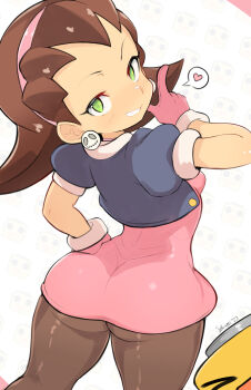 1girl ass brown_hair brown_pantyhose commentary cowboy_shot dress dutch_angle earrings english_commentary from_behind gloves hair_pulled_back hand_on_own_hip heart highres jacket jellcaps jewelry looking_at_viewer looking_back mega_man_(series) mega_man_legends_(series) microdress open_clothes open_jacket pantyhose patterned_background peeking_out pink_dress pink_gloves seductive_smile servbot_(mega_man) short-sleeved_jacket short_sleeves skull_earrings smile speech_bubble spoken_heart tron_bonne_(mega_man) underbutt