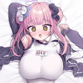 1girl @_@ arm_behind_head armpits blue_archive blue_flower blue_jacket blush breasts commentary double_bun flower hair_bun hair_flower hair_ornament hair_scrunchie halo highres id_card jacket large_breasts metaljelly mika_(blue_archive) mika_(track)_(blue_archive) official_alternate_costume official_alternate_hairstyle open_clothes open_jacket open_mouth pink_hair purple_halo purple_scrunchie scrunchie shirt solo sweat t-shirt tight_clothes tight_shirt twintails untranslatable_commentary upper_body white_scrunchie white_shirt yellow_eyes