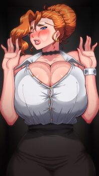 1girl bare_shoulders body_freckles breast_focus breasts breasts_squeezed_together bursting_breasts button_gap choker cleavage earrings freckles highres huge_breasts jewelry lips lipstick makeup office_lady parted_lips partially_unbuttoned shirt simmsy skirt sleeveless solo