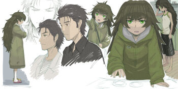 1boy 1girl asymmetrical_footwear barefood barefoot beard_stubble black_hair black_shorts blush closed_eyes closed_mouth coat commentary_request cropped_torso crossed_arms facial_hair full_body green_coat green_eyes green_hair highres hiyajou_maho jacket long_hair long_sleeves looking_at_viewer menomorute mismatched_footwear multiple_views okabe_rintarou okabe_rintarou_(beta) open_mouth ringed_eyes science_adventure shirt short_hair shorts simple_background smile standing steins;gate steins;gate_0 stubble tank_top upper_body white_background winter_clothes winter_coat wooden_floor