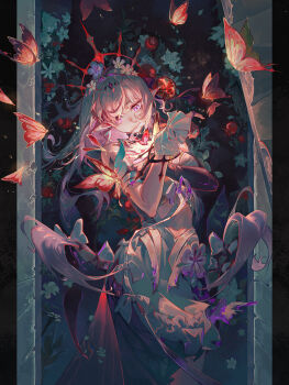 1girl absurdres bare_shoulders black_tiara blue_flower bug butterfly castorice_(honkai:_star_rail) chinese_commentary closed_mouth commentary_request crown dress dress_flower flower food fruit furioso gloves grey_hair hair_flower hair_ornament hair_over_one_eye highres honkai:_star_rail honkai_(series) insect long_hair pointy_ears pomegranate purple_eyes purple_gloves purple_hair revision tiara white_dress white_flower yellow_flower