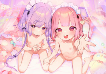 2girls :d :o absurdres arms_up barefoot bed blush completely_nude female_focus flat_chest hair_ornament henreader highres light_purple_hair loli long_hair looking_at_viewer maid_headdress multiple_girls non-web_source nude open_mouth original pillow pink_hair pussy reaching reaching_towards_viewer side_ponytail sitting smile spread_legs stomach stuffed_animal stuffed_toy thighs