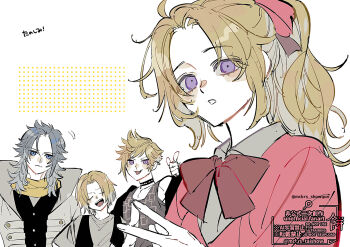 1girl 3boys black_vest blonde_hair blue_eyes bow bowtie closed_eyes coat collared_shirt commentary_request dissidia_duellum_final_fantasy dissidia_final_fantasy final_fantasy final_fantasy_i final_fantasy_ix final_fantasy_vi final_fantasy_xv grey_coat grey_hair grey_shirt hair_ribbon long_hair mckrs multiple_boys official_alternate_costume open_mouth parted_bangs parted_lips pink_ribbon pink_sweater ponytail print_shirt prompto_argentum purple_eyes red_bow red_bowtie ribbon scarf shirt short_hair spiked_hair studded_choker sweater terra_branford_(school_cardigan) tina_branford twitter_username upper_body vest warrior_of_light_(ff1) yellow_scarf zidane_tribal