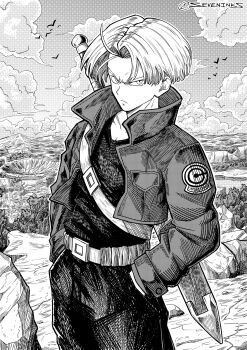 1boy bird cliff cloud commentary cowboy_shot crater crosshatching dragon_ball dragonball_z frown greyscale hands_in_pockets hatching_(texture) highres jacket male_focus monochrome mountainous_horizon river serious seveninks sheath sheathed sky solo sword sword_on_back tree trunks_(dragon_ball) trunks_(future)_(dragon_ball) v-shaped_eyebrows weapon weapon_on_back