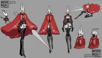 1girl absurdres artist_name black_boots black_skin boots cloak colored_skin corset full_body grey_background highres hollow_knight hollow_knight:_silksong hornet_(hollow_knight) instagram_username jellyfish_cut long_legs medium_hair mystickeiji24 narrow_waist needle_(hollow_knight) needle_sword red_cloak reference_inset sidelocks string thigh_boots twitter_username white_eyes