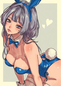 1girl aegyo_sal animal_ear_hairband animal_ears back_cutout bare_shoulders blue_background blue_bow blue_bowtie blush border bow bowtie breasts character_request cleavage clothing_cutout collarbone commentary_request copyright_request detached_collar fake_animal_ears hair_intakes hairband hairstyle_request heart highres large_breasts leaning_forward looking_at_viewer nose_blush okonogi_aya outside_border playboy_bunny purple_eyes purple_hair rabbit_ears rabbit_tail shoulder_blush skindentation solo tail thighhighs white_border white_thighhighs wing_collar wrist_cuffs