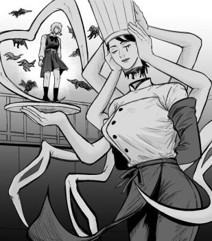 2girls apron arthropod_limbs barisukoikemen black_apron black_blood black_gloves black_hair black_tears blood blood_drip bloody_tears breasts chainsaw_man chef chef_hat closed_eyes disembodied_head elbow_gloves extra_arms falling_devil_(chainsaw_man) fami_(chainsaw_man) flat_top_chef_hat fourth_east_high_school_uniform gloves hat highres holding_detached_head long_arms multiple_girls school_uniform severed_head short_hair waist_apron