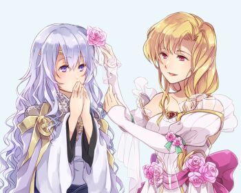 2girls adjusting_another&#039;s_hair back_bow backless_dress backless_outfit belt blonde_hair blue_background bow braid breasts bride cape circlet collarbone covering_own_mouth curly_hair curtained_hair deirdre_(fire_emblem) dress fire_emblem fire_emblem:_genealogy_of_the_holy_war fire_emblem:_the_blazing_blade fire_emblem_heroes flower frilled_dress frills gold_trim hair_between_eyes hair_flower hair_ornament hair_over_shoulder hands_up highres in-franchise_crossover juliet_sleeves long_hair long_sleeves looking_at_another louise_(bridal)_(fire_emblem) louise_(fire_emblem) medium_breasts melcabcd multiple_girls nintendo official_alternate_costume open_mouth own_hands_together parted_bangs parted_lips pink_bow pink_eyes pink_flower pink_rose pink_sash puffy_sleeves purple_belt purple_cape purple_eyes purple_hair rose sash see-through_frills side_part sidelocks simple_background single_braid sleeves_past_wrists smile strapless strapless_dress very_long_hair waist_sash wedding_dress white_dress