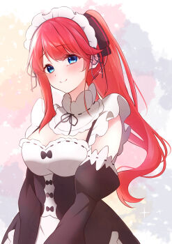 1girl absurdres apron black_dress black_ribbon blue_eyes blush breasts cleavage closed_mouth detached_sleeves dress frills hair_ribbon highres long_hair long_sleeves looking_at_viewer maid maid_apron maid_headdress ponytail rain_re_a re:zero_kara_hajimeru_isekai_seikatsu red_hair ribbon roswaal_mansion_maid_uniform smile solo theresia_van_astrea