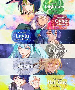 2girls 4boys :d :p absurdres alternate_costume alternate_hairstyle animal_ears aqua_eyes beret black_hair blonde_hair blue_hair blunt_bangs blunt_ends bright_pupils character_name choppy_bangs clenched_hands closed_mouth collared_shirt colored_eyelashes colored_tips cyno_(genshin_impact) ear_ornament earrings emblem eyelashes eyeliner eyes_visible_through_hair eyeshadow faruzan_(genshin_impact) fingernails fox_ears genshin_impact gradient_hair green_hair green_hat green_jacket green_necktie grey_hair hair_between_eyes hand_on_own_face hands_up hat highres index_finger_raised jacket jewelry kaveh_(genshin_impact) lapels layla_(genshin_impact) long_hair makeup money_gesture multicolored_hair multiple_boys multiple_girls necktie one_eye_closed open_mouth pointy_ears ponytail purple_eyes purple_hair raised_eyebrows red_eyeliner red_eyes red_eyeshadow scaramouche_(genshin_impact) shirt sidelocks smile sugarcanedove symbol-shaped_pupils tighnari_(genshin_impact) tongue tongue_out triangle-shaped_pupils tsurime twintails white_hair white_pupils white_shirt yellow_eyes