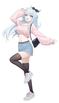 1girl absurdres arm_up bag belt black_thighhighs blue_skirt breasts commission crop_top crop_top_overhang denim denim_skirt full_body gradient_eyes gradient_hair grey_eyes hair_ribbon half_updo highres large_breasts leg_up long_hair long_sleeves looking_at_viewer midriff miniskirt multicolored_eyes multicolored_hair navel off_shoulder original pink_shirt puffy_long_sleeves puffy_sleeves ribbon shirt shoes shoulder_bag sidelocks simple_background single_bare_shoulder skirt sleeveless sleeveless_shirt sneakers solo standing standing_on_one_leg stomach thighhighs undershirt white_background white_hair white_shirt white_shoes ysoa26 zettai_ryouiki