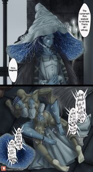 1boy 1girl absurdres ass bald blue_eyes blue_skin clothed_female_nude_male clothed_sex collared_shirt colored_skin elden_ring english_text extra_arms fromsoftware grabbing_another&#039;s_ass groping hat hetero highres iiimp looking_at_viewer lying lying_on_person missionary muscular muscular_male nude on_person ranni_the_witch sex shirt speech_bubble tarnished_(elden_ring) testicles witch witch_hat