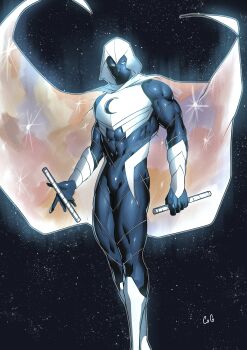 Rule 34 | 1boy, absurdres, animal skull, bird skull, bodysuit, cape, checkered cloak, cody conyers (stellaravenger), crescent ornament, highres, hood, hooded cape, marvel, moon knight, moon tattoo, multicolored armor, superhero costume, tattoo, white bodysuit, white cape, white hood