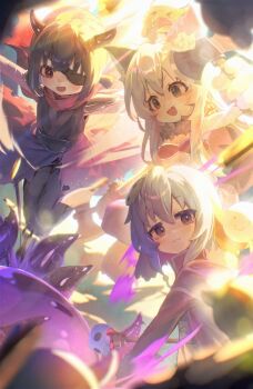 3girls :3 :d ahoge ap04astral axe backlighting bandaged_arm bandages black_eyes black_hair blue_hair brown_eyes colored_inner_hair commentary dual_wielding eyepatch fang fujimi_nemu hair_between_eyes hair_ornament highres holding horns hozuki_momiji long_hair looking_at_viewer multicolored_hair multiple_girls onii-chan_wa_oshimai! open_mouth oyama_mahiro ponytail short_hair short_ponytail skin_fang skull_hair_ornament skull_staff slime_(creature) smile staff two-tone_hair white_hair