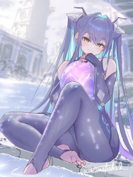 1girl aqua_hair backless_bodysuit ball black_bodysuit black_hair black_nails blue_hair blush bodysuit closed_mouth colored_inner_hair commentary_request cone_hair_bun crossed_bangs day double_bun feet gloves goddess_of_victory:_nikke gradient_hair hair_bun hair_intakes highres holding holding_bubble honeycomb_(pattern) honeycomb_print legs little_mermaid_(nikke) long_hair looking_at_viewer multicolored_hair nail_polish no_shoes outdoors purple_hair sata_(satawahaha) sitting smile soaking_feet solo stirrup_legwear toeless_legwear toes twintails twitter_username very_long_hair yellow_eyes