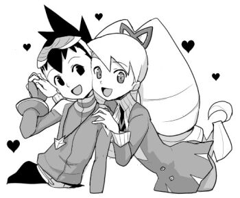 Rule 34 | 1boy, 1girl, bad id, bow, dress, drill hair, eyewear on head, geo stelar (mega man), greyscale, hair bow, heart, heriyama, jewelry, long hair, luna platz (mega man), mega man (series), monochrome, necklace, open mouth, simple background, smile, twin drills, very long hair, white background