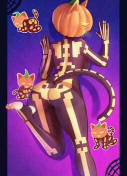 1girl absurdres against_wall ass black_bodysuit blue_background bodysuit breasts cat_girl cat_tail chibi feet fortnite from_behind gradient_background hands_up highres impossible_bodysuit impossible_clothes large_breasts legs motion_lines no_shoes pietrosatou pumpkin_on_head purple_background signature skeleton_costume skeleton_print spice_(fortnite) standing standing_on_one_leg stirrup_legwear sweat tail toeless_legwear toenails toes twitter_username