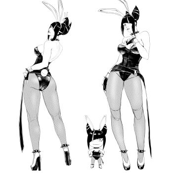 1girl 2025 :3 absurdres animal_ears ass backless_leotard bare_shoulders black_leotard blunt_bangs bracelet breasts capcom chibi chibi_inset choker emo_(anemounicorn) fake_animal_ears fingerless_gloves full_body gloves groin_tendon hairdressing han_juri hand_on_own_chest hand_on_own_hip hashtag-only_commentary head_tilt high_heels highres jewelry kneepits large_breasts legs_apart leotard lipstick looking_at_viewer makeup monochrome multiple_views playboy_bunny rabbit_ears rabbit_tail sideboob sidelocks simple_background spiked_anklet spiked_bracelet spiked_choker spikes standing straight-on street_fighter street_fighter_6 thick_thighs thighs twintails v white_background