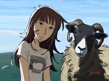 Rule 34 | 1girl, artist name, breasts, brown eyes, brown hair, english text, freckles, goat, goat horns, highres, hitsuji (hitsujigoods), horns, kara eklund, long hair, looking at viewer, original, parachute, shirt, sky, small breasts, t-shirt, teeth, timestamp, white shirt, yellow eyes