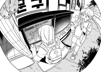 Rule 34 | 2girls, arcade cabinet, backpack, bag, closed mouth, eating, fisheye, food, greyscale, highres, holding, holding bag, holding food, korean text, long sleeves, looking at another, monochrome, multiple girls, on bench, original, outdoors, shoes, short hair, short sleeves, shorts, sihyun25, sitting, sneakers, socks, translation request