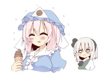 2girls black_bow black_bowtie black_hairband blue_hat blush bow bowtie breasts closed_eyes closed_mouth collared_shirt commentary_request frilled_kimono frills green_vest grey_hair hairband hat japanese_clothes kimono konpaku_youmu medium_breasts medium_hair mob_cap multiple_girls pink_hair puffy_short_sleeves puffy_sleeves saigyouji_yuyuko shirt shishiky short_sleeves simple_background sweat touhou triangular_headpiece vest white_background white_shirt