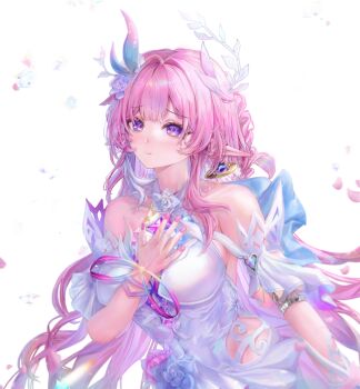 1girl absurdres aqua_hair breasts commentary cyrene_(honkai:_star_rail) cyrene_(ripples_of_past_reverie)_(honkai:_star_rail) diamond-shaped_pupils diamond_(shape) dress earrings flower hair_flower hair_ornament highres honkai:_star_rail honkai_(series) iz_enchanting jewelry large_breasts long_hair looking_at_viewer multicolored_hair pink_hair pointy_ears purple_eyes simple_background solo symbol-shaped_pupils very_long_hair white_background white_dress white_hair