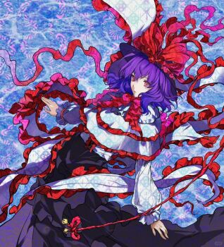 1girl ashi_(dongshi389) blue_hair blush bow breasts capelet frills hat hat_bow hat_ribbon long_hair nagae_iku open_mouth purple_hair red_eyes ribbon shawl shirt short_hair skirt smile solo touhou