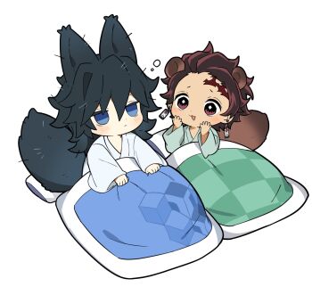 2boys animal_ears blue_eyes blush bright_pupils brown_eyes brown_hair chibi chibi_only closed_mouth commentary empty_eyes futon hands_up highres kamado_tanjirou kimetsu_no_yaiba male_focus multiple_boys open_mouth scar scar_on_face scar_on_forehead simple_background sitting smile symbol-only_commentary tail tomioka_giyuu white_background white_pupils yanzhan