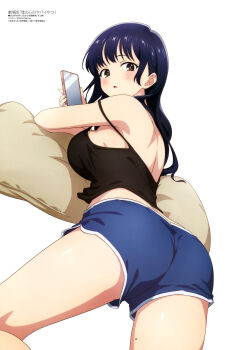 1girl absurdres aquastar_inc. ass ass_focus black_camisole black_hair blue_shorts blush boku_no_kokoro_no_yabai_yatsu breasts brown_eyes camisole cellphone dolphin_shorts highres holding holding_phone large_breasts long_hair looking_at_viewer looking_back magazine_scan megami_magazine mole mole_on_thigh official_art open_mouth phone pillow scan shorts sideboob simple_background smartphone solo strap_slip thighs yamada_anna