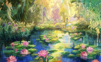 1girl absurdres aqua_dress brown_hair commentary_request day dress flower forest from_side hat highres lily_pad long_hair nature okurasato original outdoors pine_tree pond scenery short_sleeves solo standing straw_hat tree water water_lily_flower wide_shot