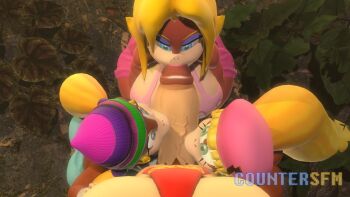 1boy 3girls artist_name beanie blonde_hair breasts candy_kong countersfm dixie_kong donkey_kong donkey_kong_(series) fellatio furry group_sex harem hat highres huge_breasts huge_penis kneeling monkey monkey_girl multiple_girls nintendo oral penis ponytail size_difference tiny_kong twintails