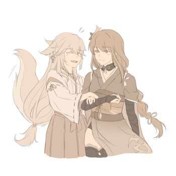 2girls animal_ears belt blush bow braid bridal_gauntlets choker clenched_hand closed_eyes closed_mouth commentary cowboy_shot detached_collar earrings english_commentary fangs flower fox_ears fox_girl fox_tail genshin_impact greyscale hair_between_eyes hair_flower hair_ornament hair_ribbon hair_tubes hakama hakama_skirt hand_up headpiece highres japanese_clothes jewelry kimono long_hair long_sleeves looking_at_another low-braided_long_hair low-tied_long_hair mandarin_collar mitsudomoe_(shape) monochrome multiple_girls neck_ribbon notice_lines official_alternate_costume open_mouth raiden_shogun ribbon ribbon-trimmed_sleeves ribbon_trim sash short_sleeves sidelocks simple_background single_braid single_hair_tube skirt smile standing tail tassel teeth thighhighs tomoe_(symbol) tongue wide_sleeves yae_miko yurenn yuri