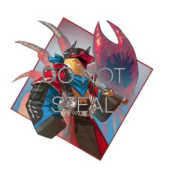 1other animal armor bald bandage_on_face bandages bandaid bandaid_on_face bandaid_on_nose baseball_cap belt black_pants black_shirt block_tales blue_scarf catnip_cataria copyright_logo eldritch_abomination feet_out_of_frame hat hatred_(block_tales) highres holding holding_sword holding_weapon horns jacket logo looking_back over_shoulder pants partially_shaded_face player_(block_tales) red_jacket scarf shirt shoulder_armor sword walking weapon weapon_over_shoulder