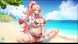 1girl animal_print animated areola_slip ass barbariana_(last_origin) barbariana_(naughty_gal_barbariana-san)_(last_origin) beach bikini bikini_under_clothes blonde_hair bouncing_breasts bracelet breasts candy chocolate chocolate_heart cleavage food gluteal_fold gyaru heart holding holding_chocolate holding_food huge_breasts jewelry korean_text last_origin leopard_print long_hair looking_at_viewer miniskirt multicolored_hair navel_piercing piercing pink_hair ponytail ribbon ring sharp_teeth shirt skirt socks solo squatting swimsuit talking teeth thighlet thong_bikini tied_shirt video wardrobe_malfunction