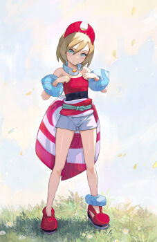 1girl absurdres anklet blonde_hair blush bracelet closed_mouth commentary falling_leaves flower full_body grass hair_between_eyes hairband hands_up head_tilt highres irida_(pokemon) jewelry knees leaf looking_at_viewer neck_ring nintendo pokemon pokemon_legends:_arceus red_hairband red_shirt red_shoes sash shirt shoes short_shorts shorts smile solo standing strapless strapless_shirt waist_cape white_flower yugen99