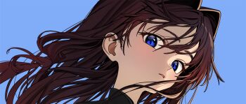 1girl black_shirt blue_background blue_eyes brown_hair elisia_valfelto hair_intakes long_hair looking_at_viewer looking_down looking_to_the_side luicent open_mouth original portrait shirt simple_background solo