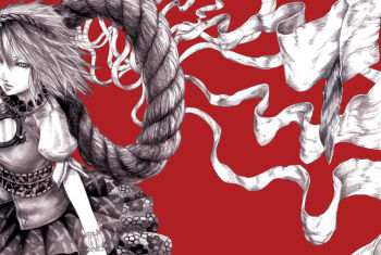 Rule 34 | 1girl, closed mouth, commentary request, cowboy shot, floral print, floral print skirt, greyscale with colored background, hair between eyes, hane (azelye), layered skirt, lips, looking at viewer, mirror, obi, print skirt, red background, rope, sash, shide, shimenawa, shirt, short hair, short sleeves, simple background, skirt, solo, touhou, wrist cuffs, yasaka kanako