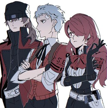 1girl 2boys aragaki_shinjirou armband bandaid bandaid_on_face bandaid_on_forehead beanie black_gloves bow bowtie brown_hair closed_mouth coat collared_shirt crossed_arms evoker fingerless_gloves gekkoukan_high_school_uniform gloves grey_hair hair_over_one_eye hat highres kirijou_mitsuru long_hair medium_hair multiple_boys neck_ribbon paitan1007 persona persona_3 persona_3_reload red_armband red_bow red_bowtie red_hair red_sweater_vest ribbon s.e.e.s sanada_akihiko school_uniform shirt short_hair sweater_vest upper_body white_background white_shirt