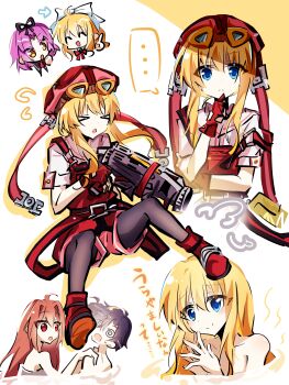 1boy 25ocoveryui 3girls absurdres blonde_hair eiyuu_densetsu estelle_bright goggles goggles_on_head goggles_on_headwear highres joshua_bright long_hair multiple_girls overalls pantyhose pink_shorts red_overalls renne_(eiyuu_densetsu) shorts smile sora_no_kiseki tita_russell tool_belt tools