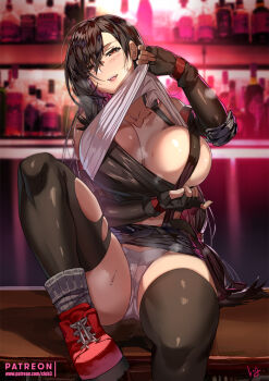 1girl bar_(place) bare_shoulders black_bra black_skirt black_thighhighs blush bottle bra bra_pull breasts brown_hair clothes_lift clothes_pull club3 collarbone convenient_censoring elbow_gloves elbow_pads female_focus final_fantasy final_fantasy_vii gloves hair_between_eyes knee_up large_breasts legs lifting_own_clothes long_hair looking_at_viewer low-tied_long_hair one_breast_out open_mouth panties red_eyes red_footwear shirt_lift sitting skirt smile solo sports_bra sports_bra_pull suspender_skirt suspenders tank_top thighhighs thighs tifa_lockhart torn_clothes torn_thighhighs underwear very_long_hair white_panties white_tank_top