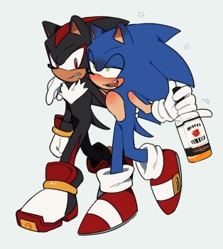 2boys alcohol animal_ears animal_nose black_fur blue_fur body_fur bottle bracelet drunk full_body furry furry_male gloves gold_bracelet green_eyes hand_on_another&#039;s_back hedgehog_boy highres holding holding_bottle jewelry male_focus multicolored_fur multiple_boys open_mouth red_eyes red_fur red_shoes shadow_the_hedgehog shoes short_tail simple_background sonic_(series) sonic_the_hedgehog standing tail two-tone_fur unneul walking white_background white_gloves worried