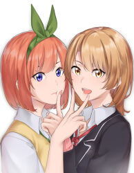 Rule 34 | 2girls, :d, black jacket, blue eyes, brown hair, cardigan, cardigan under jacket, cheek press, collared shirt, commentary, crossover, english commentary, finger to another&#039;s mouth, go-toubun no hanayome, green ribbon, hair ribbon, isshiki iroha, jacket, looking at viewer, multiple girls, nakano yotsuba, open mouth, orange hair, pink cardigan, ribbon, saruno (eyesonly712), school uniform, shirt, short hair, smile, sobu high school uniform, sweater vest, upper body, voice actor connection, white background, yahari ore no seishun lovecome wa machigatteiru., yellow eyes, yellow sweater vest