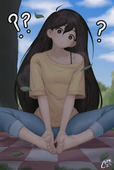 1girl absurdres back_eyes barefoot black_hair blush cabronpr feet highres leaves long_hair looking_at_viewer mari_(omori) off_shoulder omori parted_lips soles toes