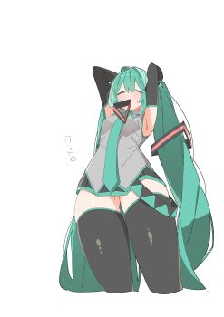Rule 34 | 1girl, absurdres, aqua hair, aqua necktie, aqua trim, armpits, arms behind head, arms up, black skirt, black sleeves, black thighhighs, breasts, closed eyes, collared shirt, commentary, cropped hair, cropped legs, detached sleeves, facing ahead, from below, grey shirt, hair ornament, hatsune miku, highres, long hair, miniskirt, necktie, no nose, one-hour drawing challenge, pleated skirt, shirt, simple background, skirt, sleeveless, sleeveless shirt, small breasts, solo, thighhighs, thighs, twintails, tying hair, uruti 2388, very long hair, vocaloid, white background, zettai ryouiki