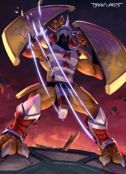 Rule 34 | 1boy, armor, artist name, battle damage, digimon, digimon (creature), dragon, drak-arts, full body, green eyes, highres, holding, holding shield, horns, muscular, muscular male, red hair, shield, short hair, solo, standing, wargreymon, yellow armor