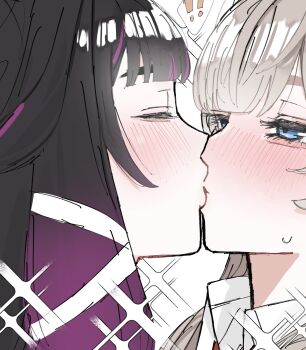! 2girls black_hair blue_eyes blush carrot_011 closed_eyes columbina_(genshin_impact) genshin_impact grey_hair highres kiss multiple_girls purple_streaks sandrone_(genshin_impact) simple_background sparkle spoken_exclamation_mark sweat white_background yuri