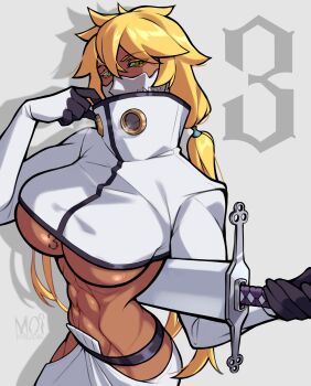 Rule 34 | 1girl, absurdres, artist name, bleach, breast tattoo, breasts, cleavage, colored eyelashes, cropped jacket, dark-skinned female, dark skin, espada, female focus, green eyes, highres, holding, holding sword, holding weapon, large breasts, looking at viewer, mask, moi yablochki, number print, number tattoo, sidelocks, simple background, sword, tattoo, tier harribel, toned, toned female, underboob, weapon